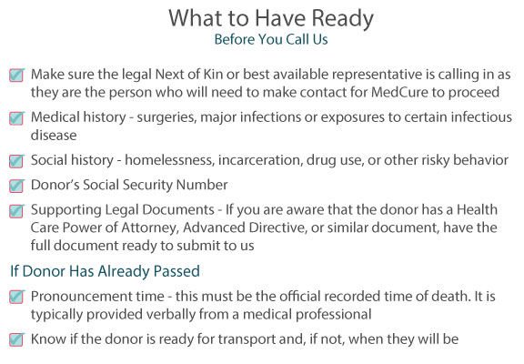 What to Have Ready Before Calling MedCure - Donate Your Body to Science Process Checklist